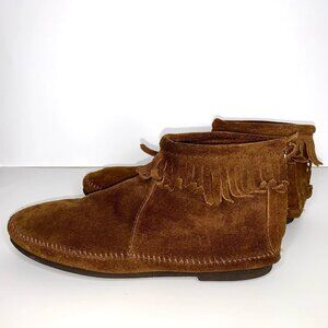 Minnetonka Moccasin Fringe Suede Booties Women Size 9 Style 282 Vtg Zipper Back